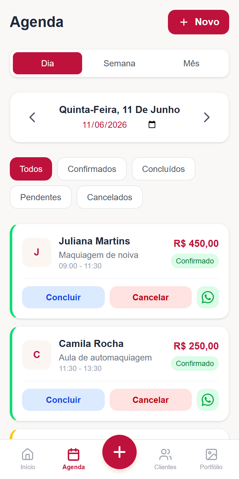 Agenda do dia no Maquiagem Express: horários, serviços e valores de cada atendimento