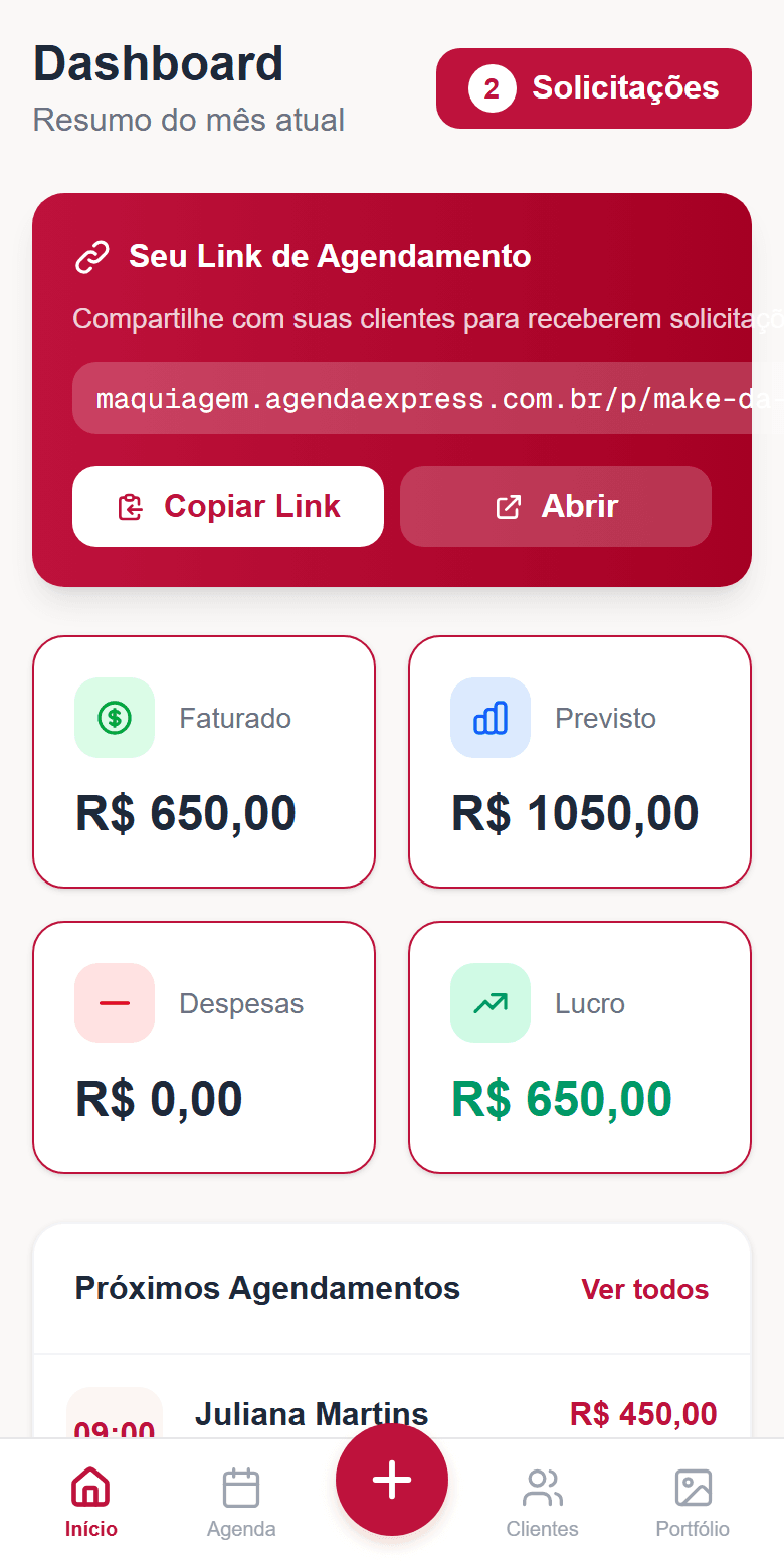 Painel do Maquiagem Express: faturado e previsto do mês, link de agendamento
