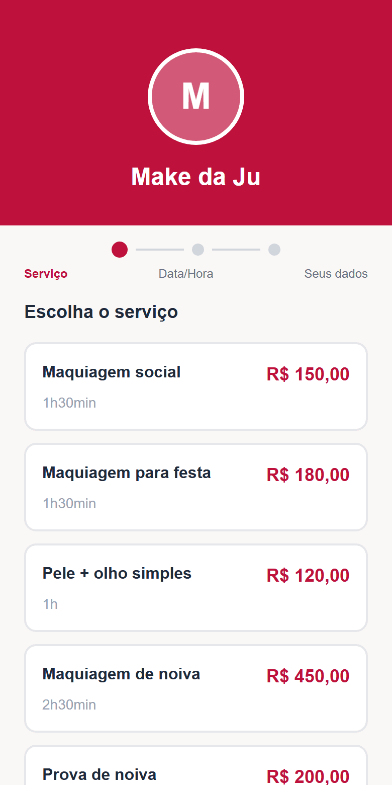 Página de agendamento real do Maquiagem Express: a cliente escolhe serviço, data e horário
