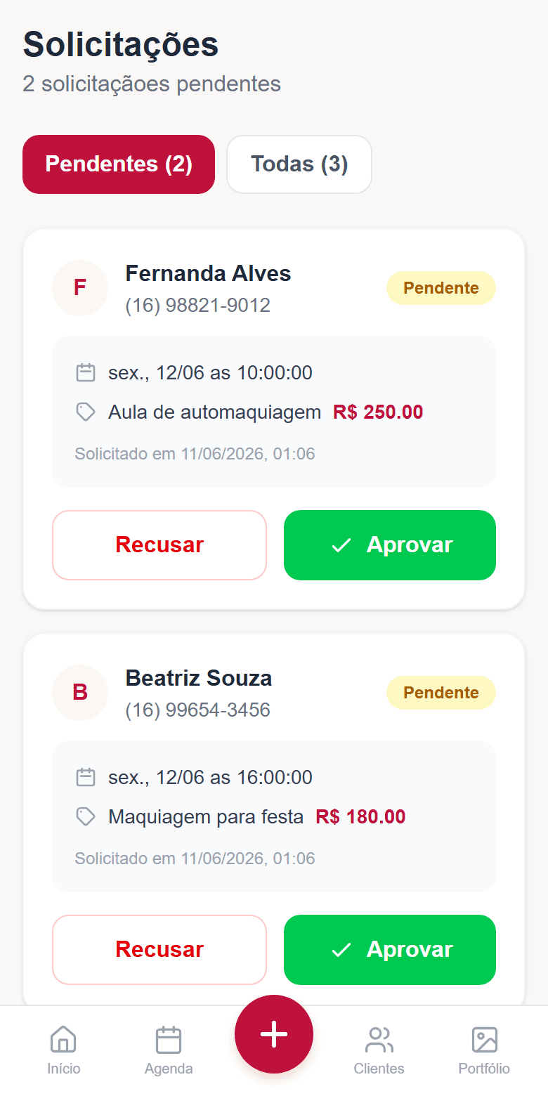 Tela de solicitações do Maquiagem Express: pedido de horário com botão Aprovar
